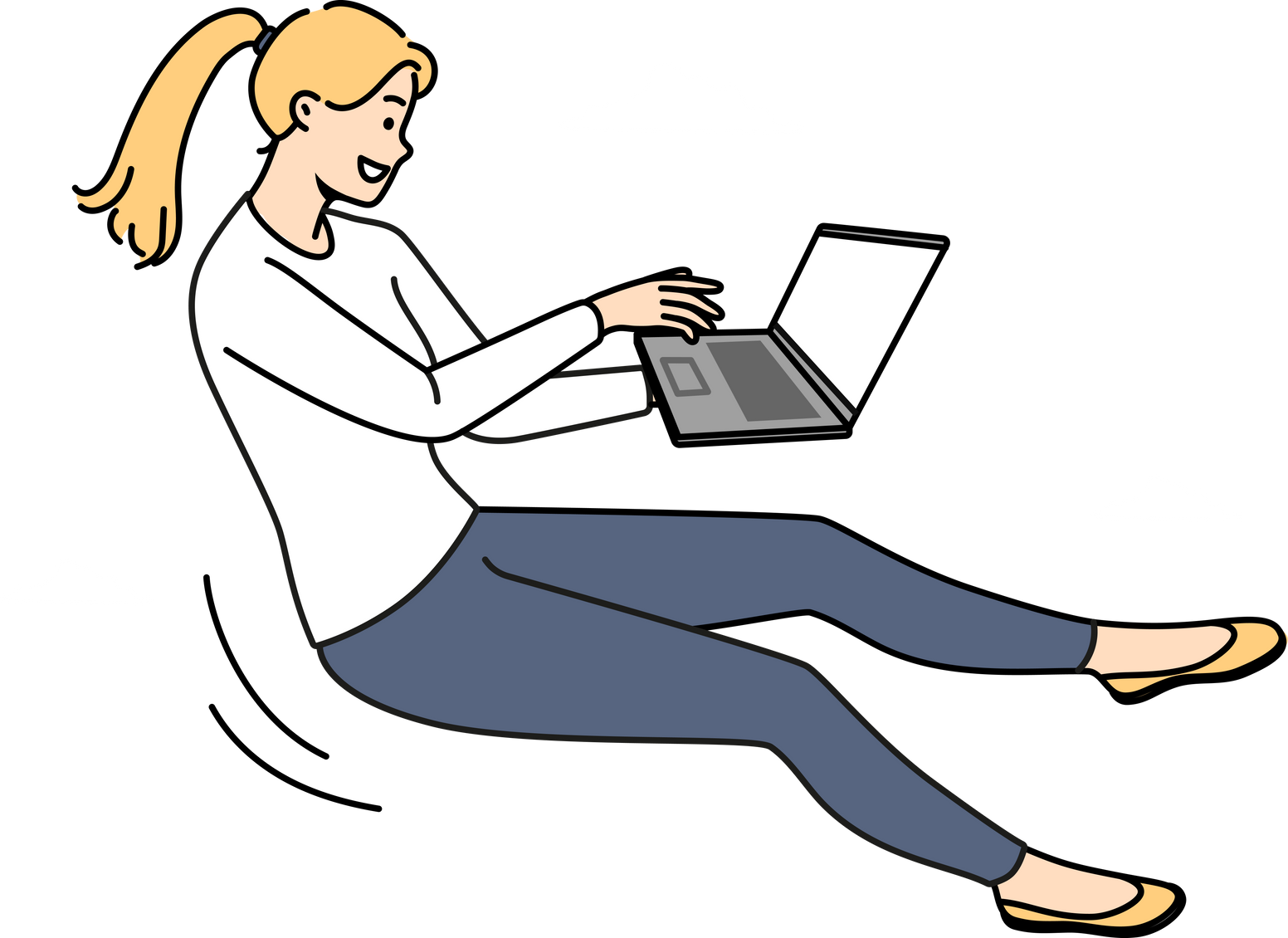 Smiling woman fly in air work on laptop online